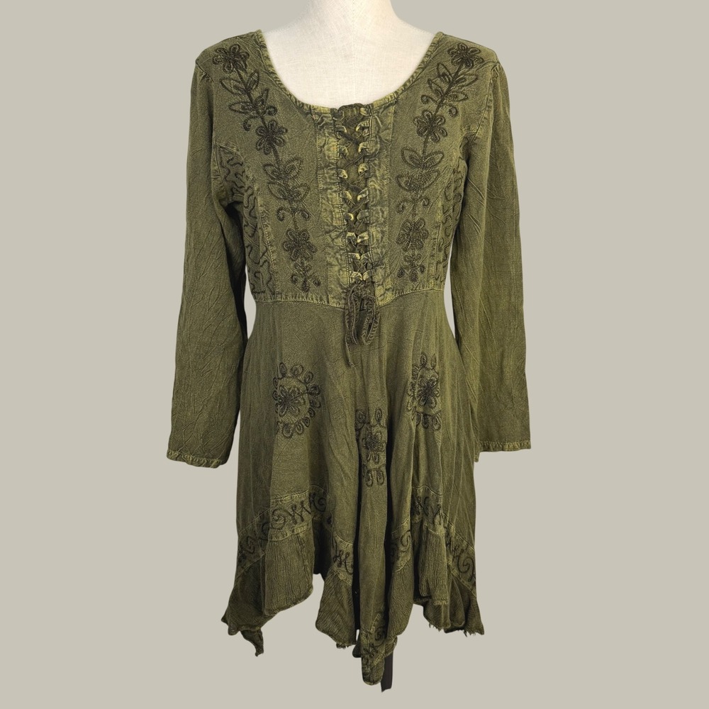 Olive Green Embroidered Lace Up Handkerchief Hem Tunic Dress Boho Fairycore OS